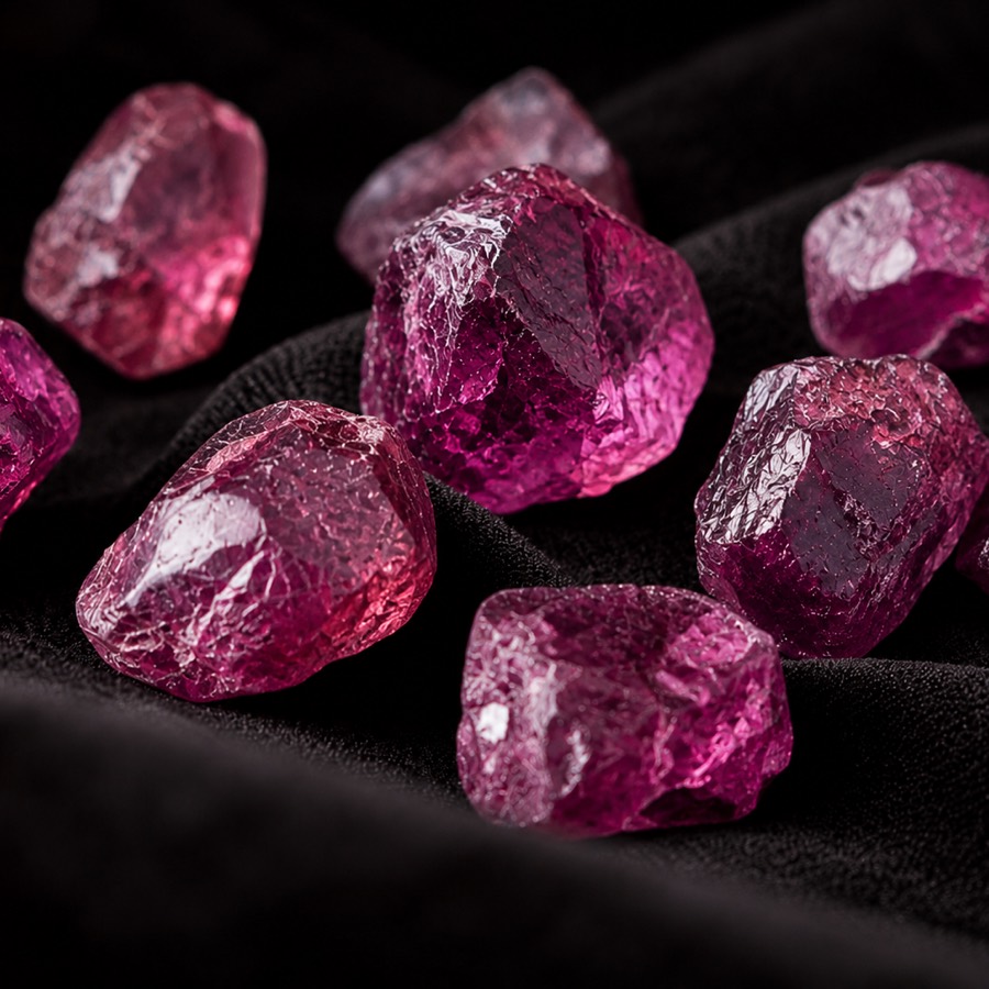 Rough garnets on dark cloth.