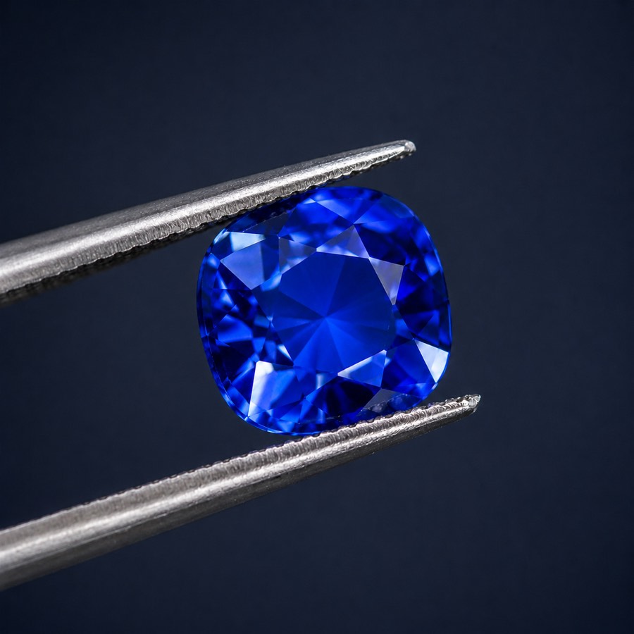 A single cut sapphire held in tweezers, macro.